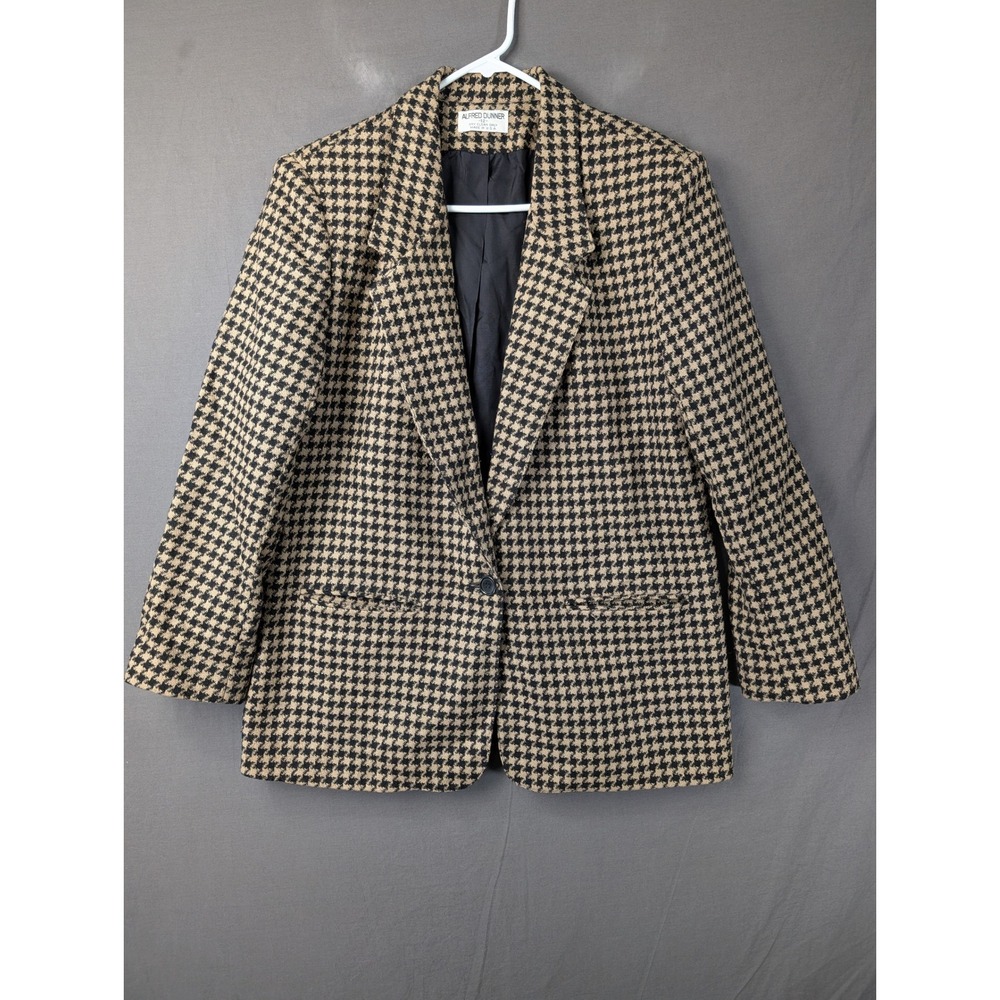 Alfred‎ Dunner Vintage Wool Blend Houndstooth Blazer Jacket Tan Black 12